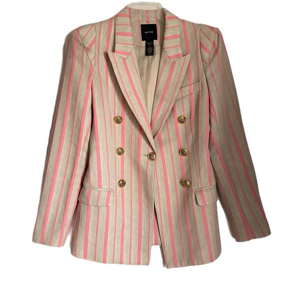 Smythe Linen Blend Blazer Sz 8 Striped Pink Double Breasted Gold Button Dressy - Picture 4 of 12